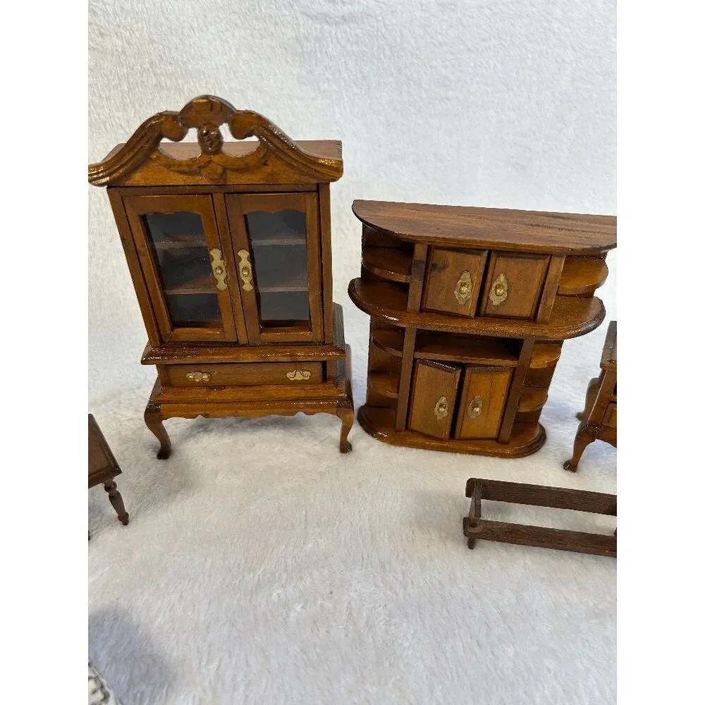 Miniature Doll House Furniture Lot, Wooden Pieces, Cloth Chairs, Vintage